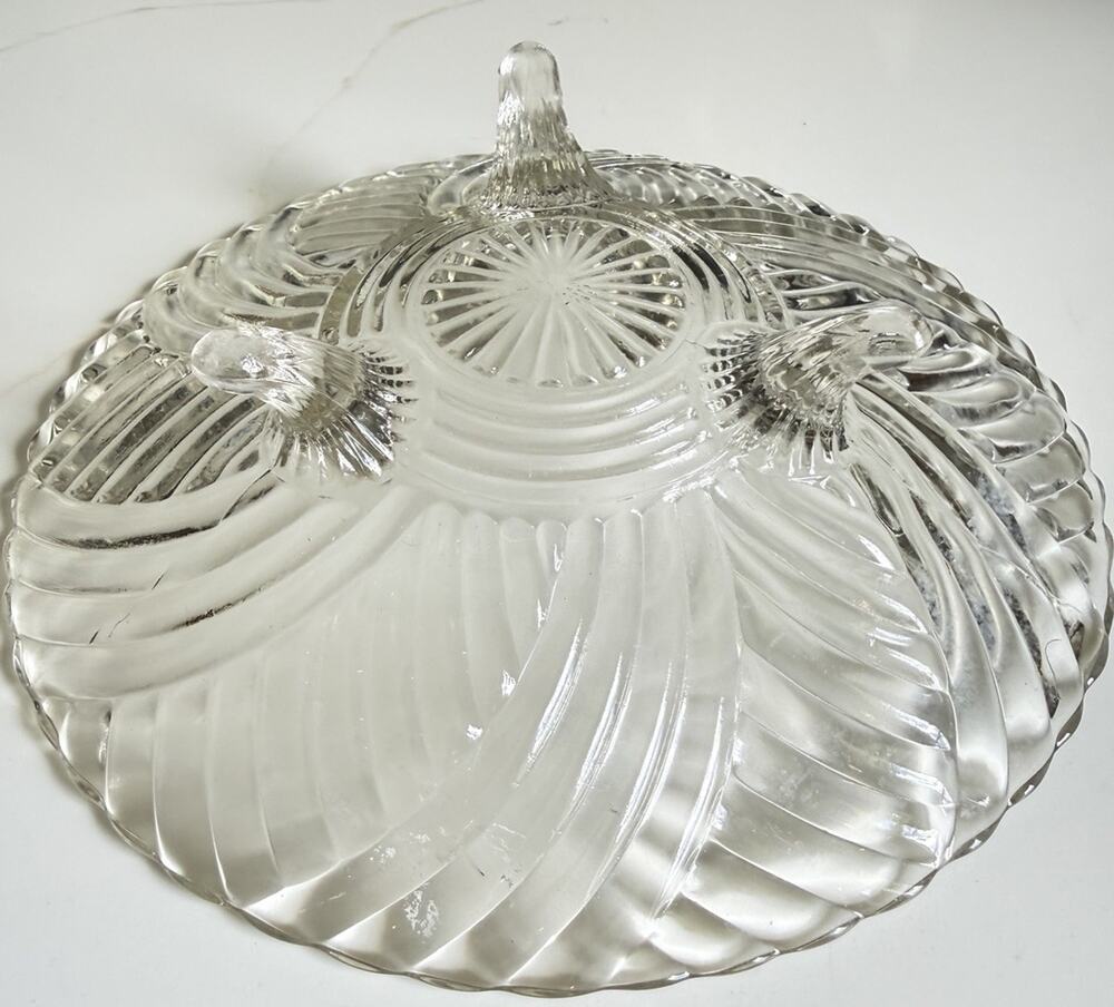 Vintage Anchor Hocking Round 3-footed Clear Swirl Pattern 8.5" Bowl MCM